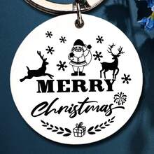 1PC Creative Stainless Steel Christmas Keychain With Carved Reindeer And Santa Claus Patterns, Keychain, Christmas Gift