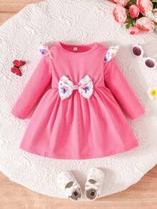 2 Stücke/Set Baby Mädchen Blume Muster Langarm Kleid mit Schleife, eleganter College-Stil