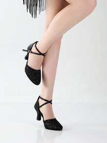 Girls' Latin Dance Shoes, Closed Toe Lace & Sequin Design, Suitable For Ballroom, Salsa, Tango, Party, Practice And Performance