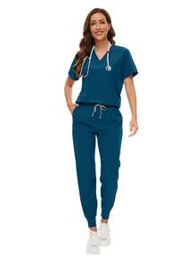 Conjunto de uniformes de enfermería, belleza, SPA, clínica veterinaria, tienda veterinaria y trabajo de odontología de alta calidad para mujeres, primavera - Agua verde azul - Ver 7