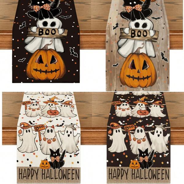 1 pieza Tapete de mesa de Halloween con diseño de calabaza fantasma, gato y murciélago, decoración de mesa de cocina y comedor para fiestas en el hogar de 13.7x70.7 pulgadas
