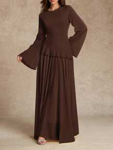 Women's Elegant Ruffle Trim Tie-Waist Flare Sleeve Dress, Spring/Summer - Coffee - View 5