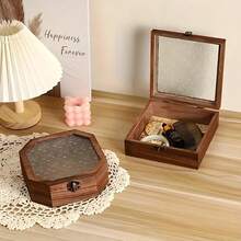 1 pièce Cabinet d'affichage en bois vintage octogonal/carré avec tiroir et dessus en verre, boîte de rangement de maquillage, bijoux, style nordique, organisateur de bureau en bois massif, cadeau idéal pour Halloween et Noël