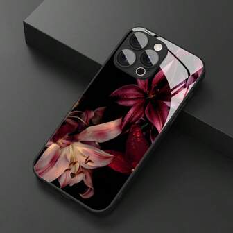 1 st elegant telefonskal i glasmaterial med liljeblommönster, exklusivt atmosfäriskt skal, lämpligt för iPhone, härdat glasmaterial