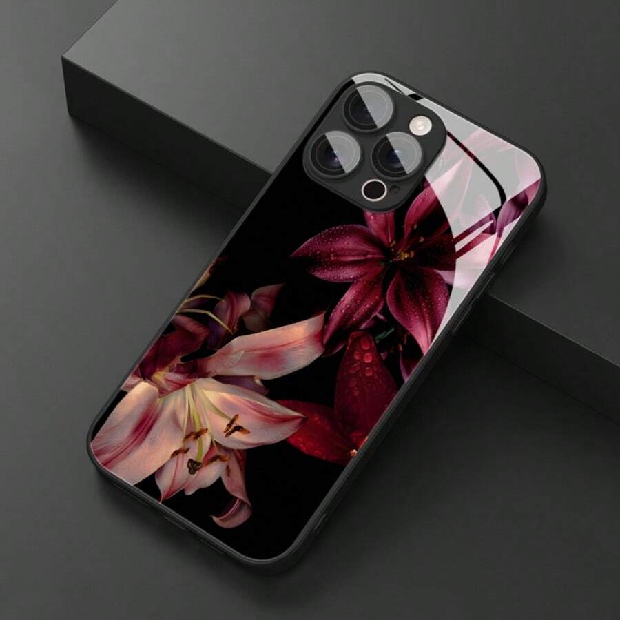 1pc Elegant Lily Flower Pattern Glass Material Phone Case, High-End Atmospheric, Compatible With Iphone, Tempered Glass Material - Black - View 1