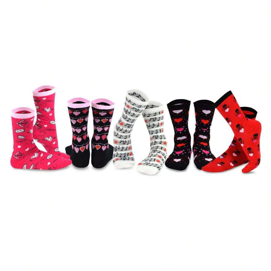 Women's Valentine's Day Cotton Crew Socks - 5 Pair Pack, Love Heart Design, Comfortable & Breathable,Women's 9-11 6-9 US - 如圖695 - 查看 1