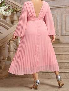 Womens Fall Plus Size Dresses Stylish Solid Pleated Backless V Neck Long Sleeve A-Line Long Dress - Pink - View 3