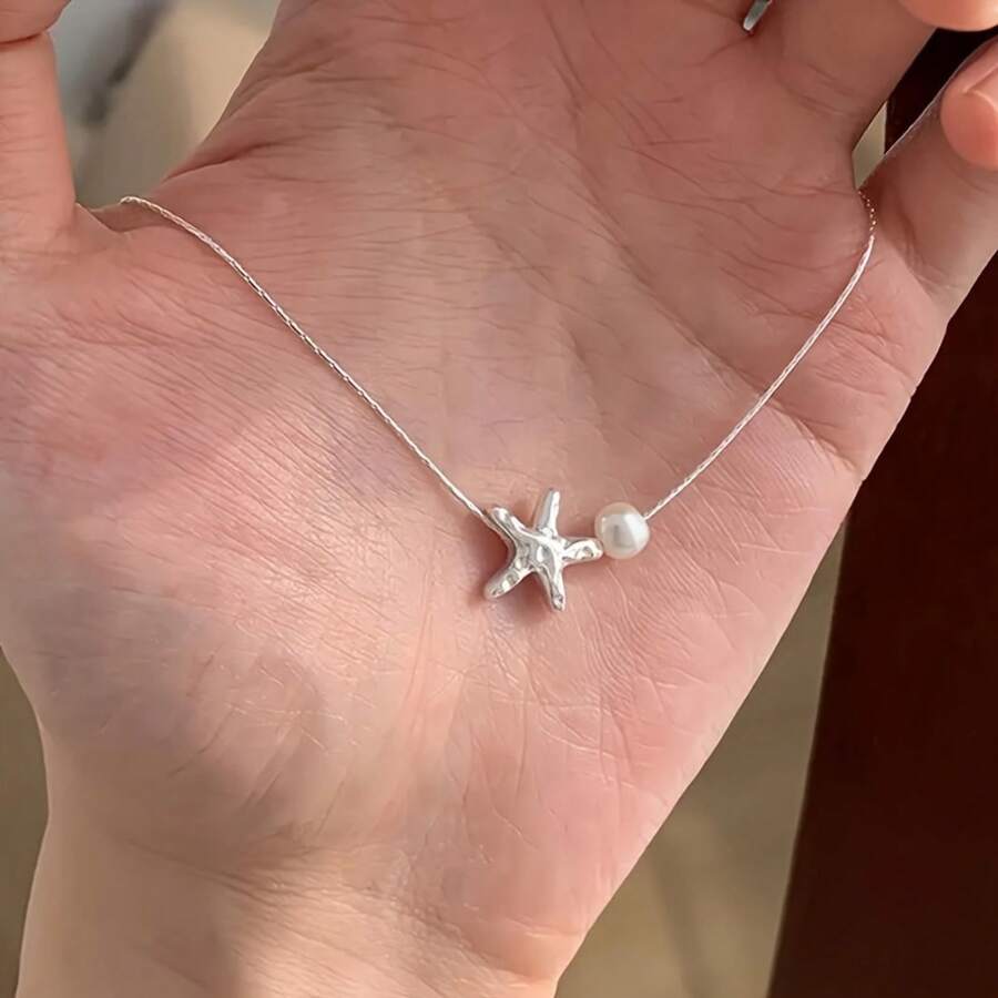 1pc Women's Elegant Starfish Imitation Pearl Pendant Necklace, Simple Versatile Alloy Short Necklace, Fashion Minimalist Design, Charming Collarbone Chain Jewelry, Suitable For Daily Wear Christmas Gift - 銀色 - 查看 1