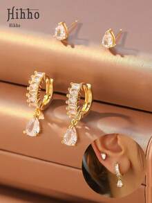 Hihho Set de 4 piezas de aretes de botón con zirconia en forma de lágrima, aretes de uso diario de calidad