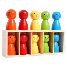 1 Box Wooden Educational Toy, 5-Color Wooden Dolls Sorting Game, Children Color Matching Classification Smiling Dolls, Infant Early Education Intellectual Enlightenment Toy, Perfect Gift For Birthday And Christmas - Multicolor - View 7