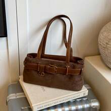 1pc Low Tea Solid Color Suede Fabric Shoulder Bag, Women's Retro Fashion Square Shoulder Bag With Top Double Handles, Zipper Closure, Suitable For Travel, Shopping, Dating, Women's Gift, Great For Commuting, Outdoor, Travel, Hiking , Office Bag