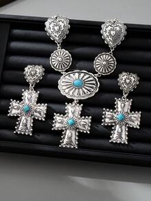 OABE 3pcs/Set Vintage Boho Style Textured Carving Heart/Cross Pendant With Turquoise Inlay Women Jewelry Set Including Necklace And Earrings, Western Charm For Daily Wear - Love Cross Set - View 3