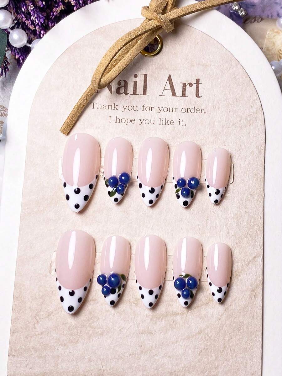 10片手工杏仁白法式波点可爱3D蓝莓简约时尚可拆卸美甲贴片，高端美甲用品手工按压式美甲贴片 - 彩色 - 查看 1