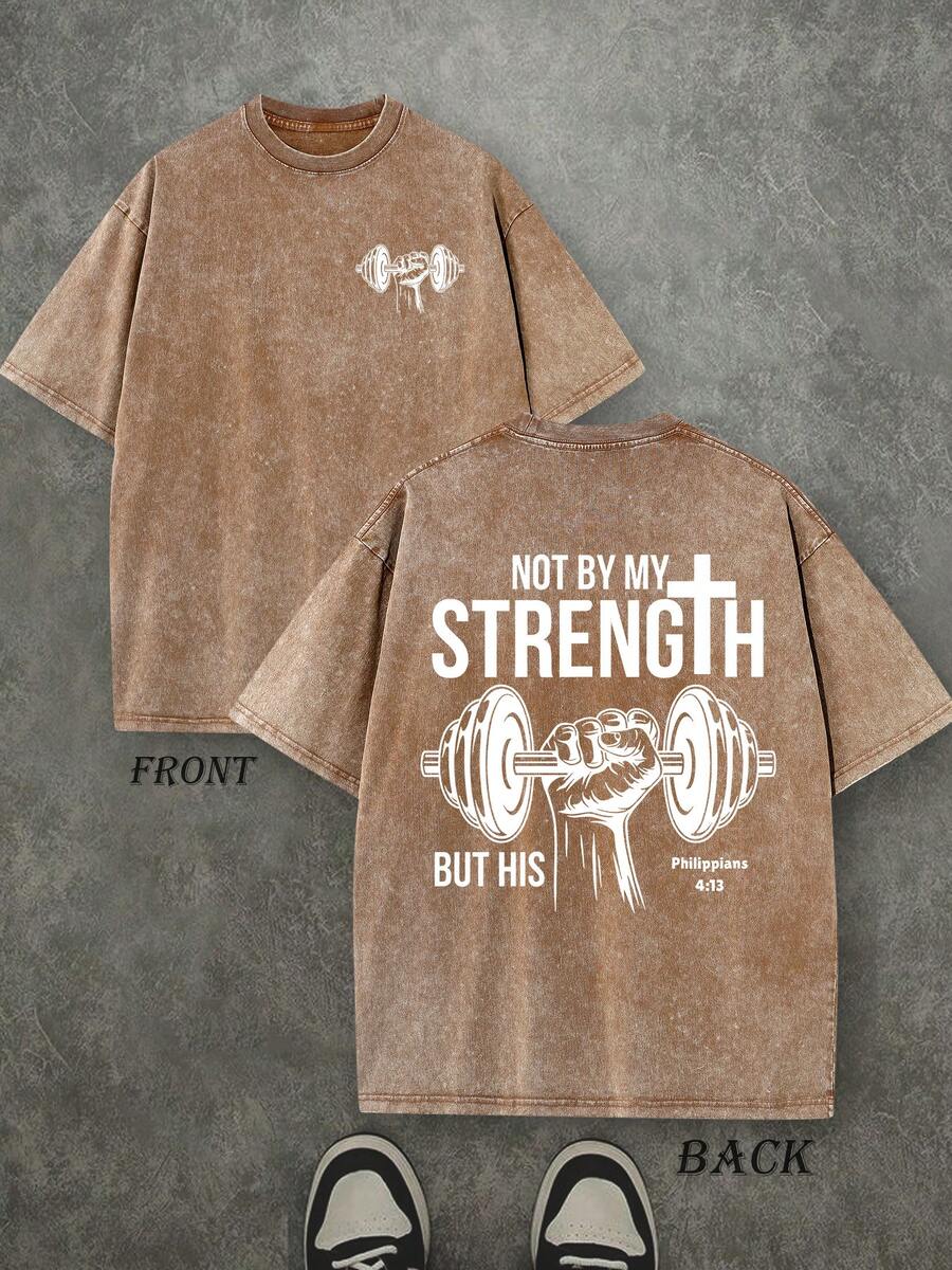 Retro Washed T-Shirt Double Sided Printed (230 Pure Cotton T-Shirt) 'NOT BY MY STRENGTH BUT HIS'  Letter And Pattern Print, Men's T-Shirt, Men's Casual, Comfortable, Fashionable T-Shirt, Street Style Cotton - Cà phê nâu - Xem 1