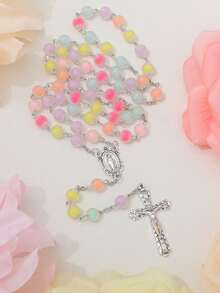 1pc Handmade Multicolor Beaded Cross Necklace, Rosary, Virgin Mary Medal And Jesus Cross Pendant