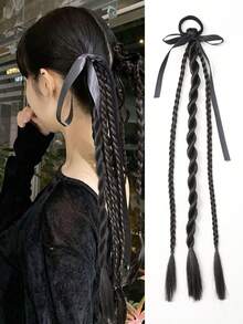 1pc Black Bow Black/ Brown Light Brown /Braided Ponytail18 Inch Natural Black Boxing Braided Synthetic Three-Strand Braid, Twist Braid Ponytail Extensions With Rubber Band Hair Extensions For Women Daily Use - Multicolor - View 15
