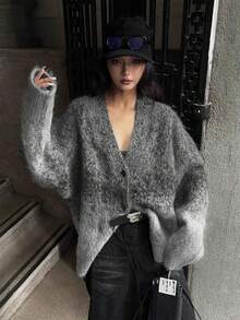 秋冬中国风扎染镂空针织开衫，宽松落肩V领外套 - 灰色 - 查看 4