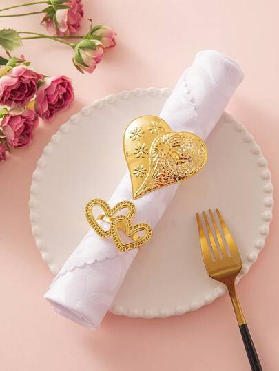 2/4/8pcs Random Valentine's Day Heart-Shaped Napkin Ring, Gold Tableware Ring, Tableware Decoration, Hollow Heart-Shaped Napkin Holder, Suitable For Valentine's Day, Weddings, Anniversaries, Party Table Decoration, Christmas Party Decoration