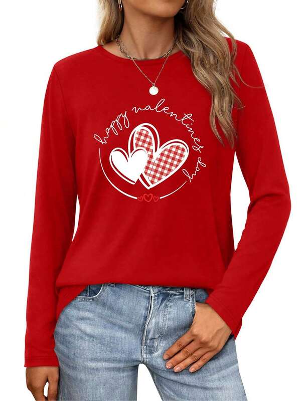 Happy Valentine's Day  Red And White Checkered Hearts With Black Outline Womens Long-Sleeve Crewneck T-Shirt