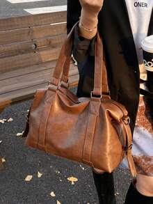 City Commute Large Capacity Shoulder Tote Bag, Solid Color Vintage PU Leather, Versatile High-Quality Bag Suitable For Travel, Shopping, Work, Etc.