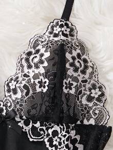 2pcs Contrast Floral Lace Sleepwear Set, V-Neck Semi-Sheer Bow Tie Nightgown And Panties, Elegant Women Pajamas