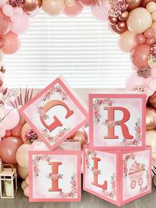 4 pezzi Scatola decorativa con palloncini per festa di nascita di bambina, decorazione elegante a tema floreale rosa per la stanza della festa di nascità, decorazione per festa di rivelazione del sesso, sfondo fotografico per festa di nascità, raffinata scatola decorativa floreale rosa, decorazione per il 1° compleanno - Fiori rosa per baby shower - Visualizzare 8