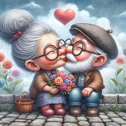 Cartoon Elderly Couple Diamond Painting Kit - Round Full Drill Painting Canvas Art Set For Bedroom, Living Room Decor, DIY Handmade Gift - 20x20cm, 25x25cm, 30x30cm
