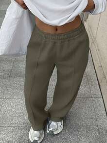 Sulojter Casual Loose Solid Color Elastic Waist Sweatpants - Khaki - View 8