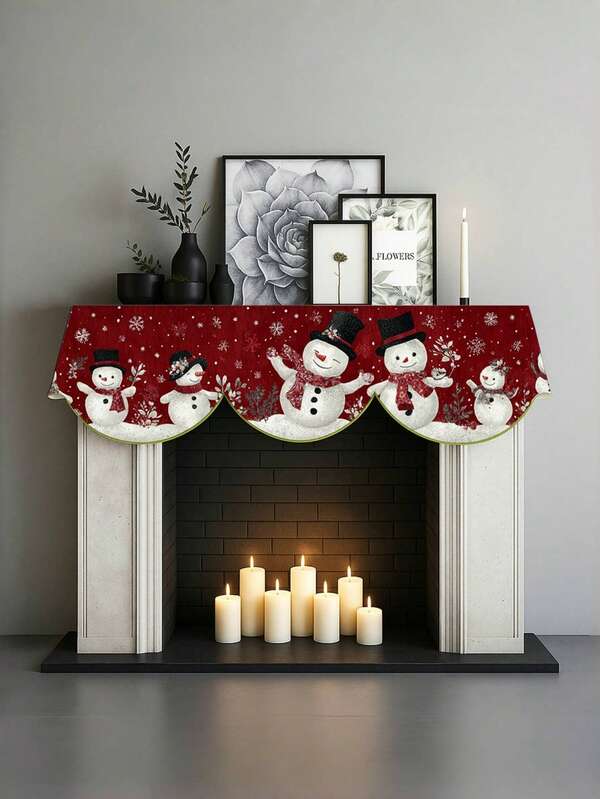 1pc Christmas Snowman Theme Fireplace Decoration Cloth, Red Background And Snowman Design, Polyester Short Fleece Material Fireplace Scarf, Suitable For Indoor Fireplace, Shelves, Cabinets, TV Cabinets, Table Flag Decoration - Happy Festival Home Decoration, Christmas Decoration, Daily And Festival Accessories | Decorative Table Flag | Decorative Fireplace Cover Cloth