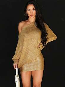 Women Asymmetrical Sequin Evening Dress Spring Autumn Long Sleeve Slash Neck One Shoulder Fashion Party Dress - 金色 - 查看 3