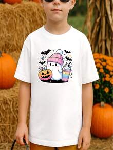 Camiseta de niño casual con estampado gráfico de fantasma FANSTASMA FASHION, adecuada para disfraz de Halloween, Halloween Horror Nights, para fiestas de Halloween - Blanco - Ver 1