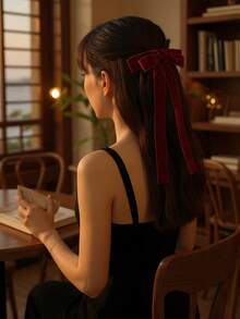 1个缎面优雅酒红色蝴蝶结发夹，发带，马尾辫发圈，金属蝴蝶发饰，女孩生日发饰，青少年发爪夹，学习用品 - 酒紅色 - 查看 3