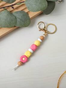 1pc Daisy Boho Style Silicone Wooden Bead Keychain Pendant Backpack Hanging Accessory, Keyring Anti-Lost, Teacher's/Mother's Day Gift School Car Accessories Cute Goth Y2k - Multicolor - View 28
