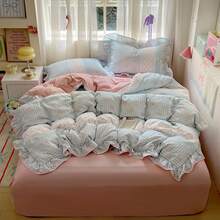 [2025 New Design]Blue White Plaid Bow Duvet Cover Set, Floral Pink Ruffle Bedding, 3Pcs (1 Duvet Cover + 2 Pillowcases, No Inserts) For Women, Single And Double Size, Pillowcase Pattern Random Cut - 藍色 - 查看 5