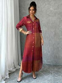 Loose Shirt Dress With Buttons Front, Casual Solid Color Split Hem Dress In Spring And Autumn, Shirt Dresses For Women - 紅色 - 查看 4