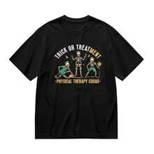 Camiseta Unisex de Halloween Trick Or Treatment del Equipo de Fisioterapia - 220g% Algodón, Blanco y Negro, Manga Corta, Cuello Redondo, Ropa de Halloween, Regalo para Hombres, Mujeres, Papá, Mamá y Amigos, Tallas S- - Negro - Ver 2