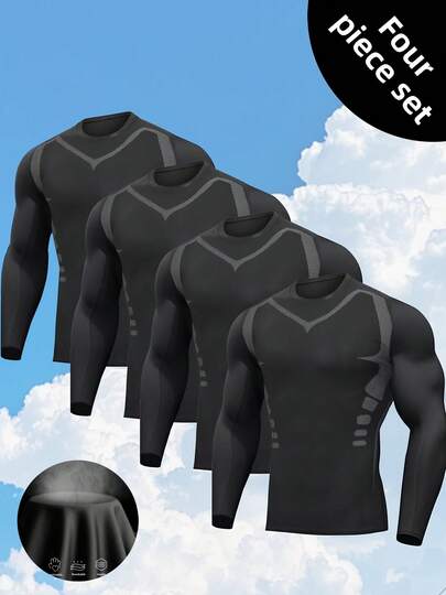 4pcs Men's Compression Long Sleeve Shirts, Soft, Quick-Dry, Breathable Fabric, Suitable For Daily Wear, Muscle Training, Gym Workout, Running And Cycling - Suitable For Spring, Summer, Autumn And Winter
