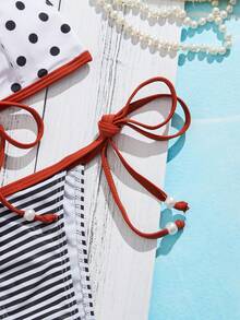 女士泳衣性感时尚白色两件套挂脖露背夏季沙滩比基尼套装随机印花 - 白色 - 查看 4