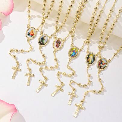 1 pieza Collar con cruz de cuentas chapado en oro de 14K para mujeres, collar de rosario católico, accesorio de fe, joyería religiosa, servicio de iglesia, de Navidad, creyente cristiano, Halloween, regalo de cumpleaños familiar, uso diario