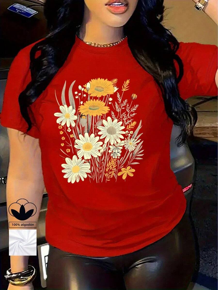 Camiseta casual para mujeres, 100% algodón puro, estampado con patrones florales, camiseta casual y cómoda de cuello redondo y manga corta, ropa de primavera y verano, adecuada para cualquier ocasión, color sólido, casual, uso diario. - Rojo - Ver 1