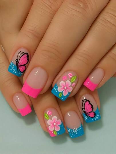 Uñas con puntas francesas, uñas con diseño de flores y mariposas, adecuadas para festivales, fiestas, reuniones con amigos, citas y uso diario. Es el regalo perfecto de arte de uñas para damas o niñas. Calcomanías de uñas de otoño, uñas postizas, suministros de uñas