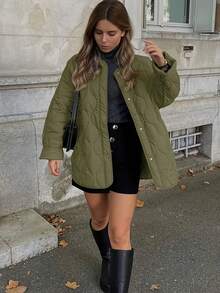 Women's Solid Color Single-Breasted Long Sleeve Quilted Casual Winter Jacket - Army Green - View 3