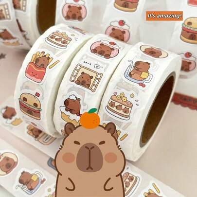 300pcs Cute Capybara Sticker Roll DIY Scrapbook Decorative Adhesive Stickers For Gift Packaging And Journaling Supplies