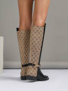 女士时尚过膝靴，秋冬粗跟马靴，新款拼色侧拉链高筒靴，百搭高筒靴，休闲度假西式圆头粗跟直筒靴，假日长筒靴，舒适冬靴，女士牛仔靴 - 黑色 - 查看 4