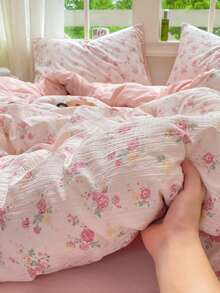 Bộ ga trải giường 4 món in hình hoa hồng Sakura màu hồng, kiểu dáng cung điện Pháp, bao gồm 1 vỏ chăn, 1 ga phủ, 2 vỏ gối, màu trơn, thích hợp sử dụng hàng ngày và cho ngày Valentine, 100% polyester, mềm mại (không bao gồm ruột chăn). - Màu Hồng Tươi - Xem 4