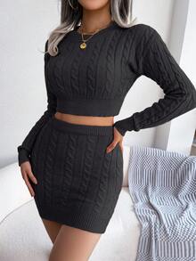 Women Solid Knit Set Round Neck Crop Top Bodycon Skirt Long Sleeve Fall Winter Coordinates - màu đen - Xem 5