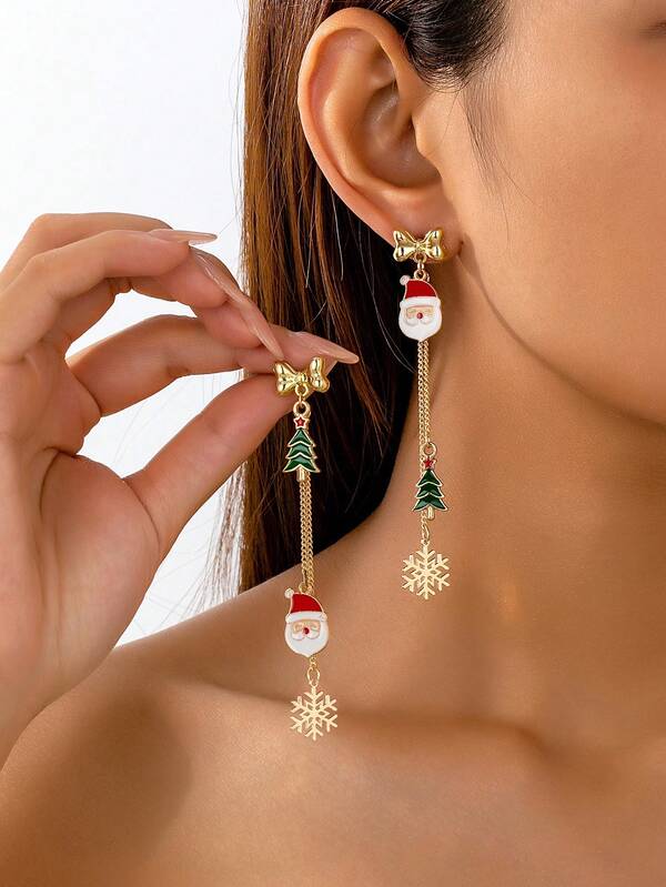 1 Pair Asymmetric Christmas Dangle Earring, Enameled Santa Christmas Tree Snowflake Drop Earrings, 2025 Winter Holiday Festive Jewelry Accessories Gift For Women&Girls