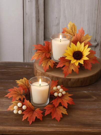 1 pièce Porte-bougie d'automne avec anneau, feuilles d'érable artificielles, baies, tournesols, pommes de pin mélangés. Centre de table automnal de style rustique et fermier. Forme ronde multicouche en jaune, orange et rouge. Base décorative pour bougies LED sans flamme. Décoration d'intérieur ou d'extérieur pour table, manteau de cheminée, entrée, table de salle à manger, mariage, fête, saison automnale.