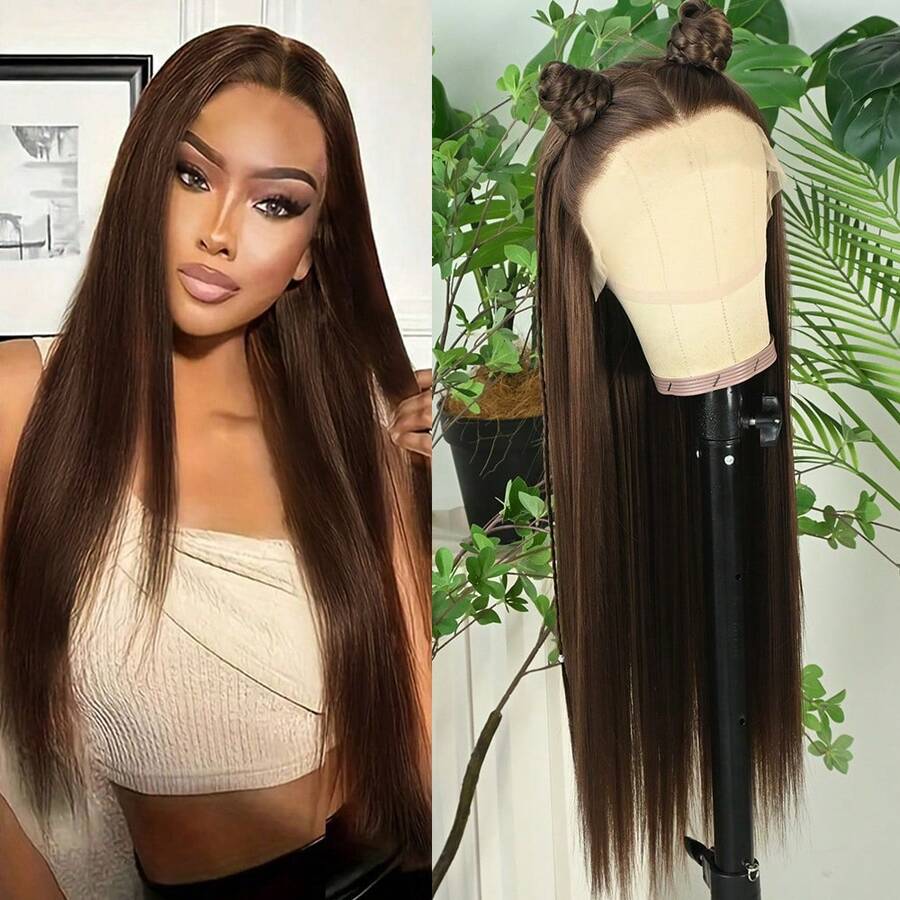 Brown Synthetic Lace Front Wigs Glueless Long Silky Straight Hair 13x4 HD Transparent Lace Wigs For Women Light Highlights Blonde Brown Color Heat Resistant Fiber Hair Natural Hairline Baby Hair Daily  Party Cosplay Halloween Use - 棕色 - 查看 1