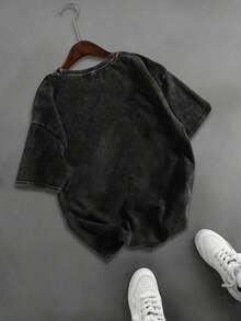 女士休闲纯棉T恤，印有趣味“玫瑰报纸”图案，复古街头风，宽松舒适，Y2K朋克摇滚印花，可机洗短袖上衣，黑色，夏季款 - 黑色 - 查看 5